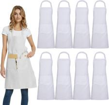 Unisex 8 Pack White Bib Aprons - 2 Pockets for Cooking, BBQ, Crafting