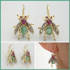 Boucles d'Oreilles en OR 14 k RUBIS EMERAUDE et DIAMANT Dormeuses Insecte Mouche