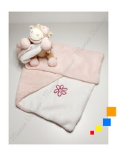 Doudou Plat/Couverture Lola Vache Rose Blanc Beige Fleur Attache Tétine Noukies