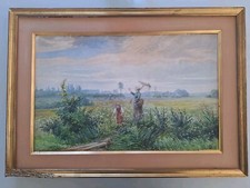 Peinture ancienne huile  paysage impressionniste . Tableau encadré signé 