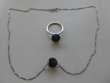 parure argent massif 5 poinçons tbé 5g :chaîne 41,5cm 1mm onyx noires bague t.57