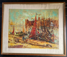 Signé Pierre GONTARD tableau Huile sur carton Ponton bateaux Marseille hsc