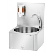 Lave-mains distributeur savon mural, commande genoux, en acier au nickel chrome