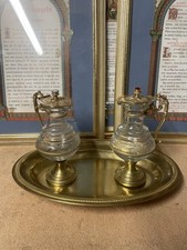 PAIRE BURETTES+PLATEAU/LAITON  VERRE/EGLISE/MESSE/RELIGIEUX/LITURGIQUE/CROIX
