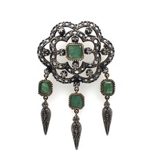 Broche bijou ancien victorien en argent or jaune 18 carats émeraudes diamants