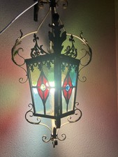 Ancienne Lanterne en métal et vitraux  colorés/Luminaire Extérieur  déco vintage