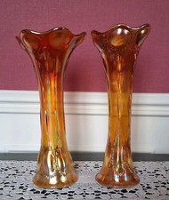 Paire de Vases en Verre de CARNAVAL Marigold Orange Irisé Italie Années 1930