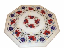 12 " Marbre Blanc Incrustation Coin / Côté Fin Artisanal Pietra Dura Table Top
