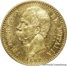 W5222 Rare Italy 20 Lire Umberto I 1882 R Roma Or Gold AU -> Make offer