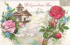 CP ILLUSTREE PAILLETTES DE LA PART D'1 AMIE NICHOIR COLOMBES ROSES FLEURS 34276