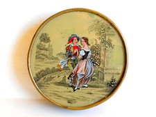 SUPERBE BOITE A BONBON DEBUT XIXe, PEINTURE SOUS VERRE, SCENE GALANTE ROMANTIQUE