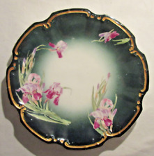 Assiette Art Nouveau, porcelaine de Limoges, iris roses sur fond vert et blanc