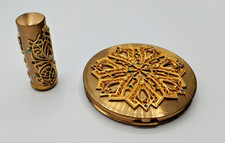 POUDRIER ET ETUI ROUGE A LEVRE MANQUE VINTAGE DORE - ART DECO