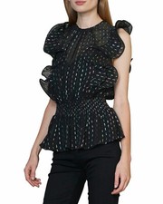 ML Monique Lhuillier Metallic Ruffle Top with Smocked Waist, Size S, NWT $395