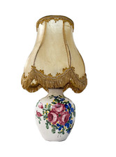 Lampe ancienne, pied en faience de l'Est, abat jour en vessie de porc