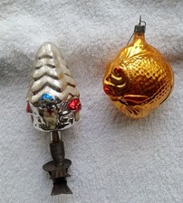 Boules décorations anciennes de Noël Sapin sur pince et poisson