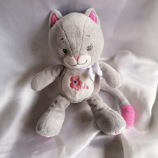 Doudou chat Lola gris, blanc, fleur rose,  Arthur et Lola, Bébisol