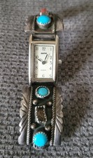 Ancienne Montre Quartz Harpo Navajo Argent Sterling Vintage Turquoise Et Corail