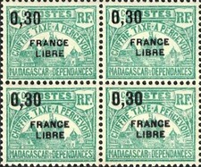 Madagascar 1942 n°TA28 Palais royal France libre 30c sur 5c Bloc carré de 4 (*)