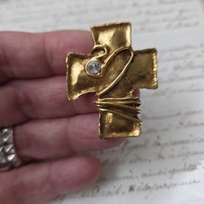Christian LACROIX Signé Broche Pendentif Croix Bronze Doré Bijou Haute Couture 