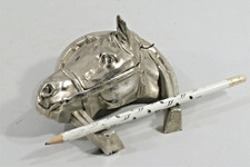 ANCIEN ENCRIER PORTE-PLUME, métal argenté, complet, tête de cheval