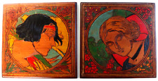2 panneaux art deco portrait femme pyrogravé signé Fouchet painting carved 1930