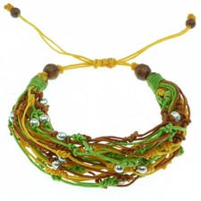Bracelet Femme cordons coton enduit ciré marron jaune vert perles argentées