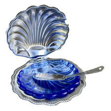 Ancien beurrier forme coquillage métal argenté - vintage seashell butter dish