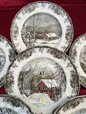6 Assiettes Terre De Fer Noël Fêtes Campagne Neige 26,7 cm Etat rare Collection