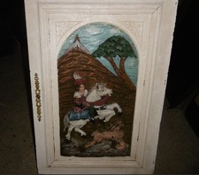 ancien panneau porte bois sculpté Bas relief scène de chasse