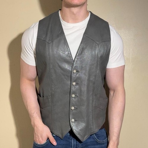 1970s stone grey leather - 1970s, vest