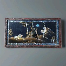 Tableau Chinois Bois Laqué Noir Et Nacre Scène Animal Tigres Et Paysage 