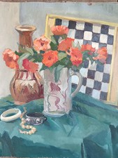 TABLEAU ANCIEN NATURE MORTE AUX FLEURS ÉCOLE FRANÇAISE 1940 NON SIGNÉ ? 55x46