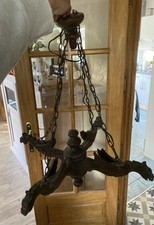 Ancien lustre Suspension néo gothique bois Sculpté tête de dragon Aigle Château