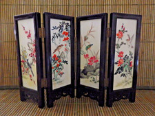 PARAVENT MINIATURE BOIS 19 CM A 4 PANS OISEAUX PAYS. ASIATIQUES PEINT SUR MARBRE