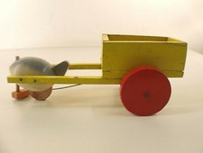 Jouet à traîner en bois ancien oiseau avec carriole longueur 24 cm