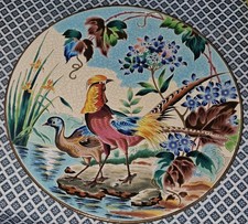 Ancien GRAND PLAT EN EMAUX DE LONGWY Faisans Et Faisannes 36 cm