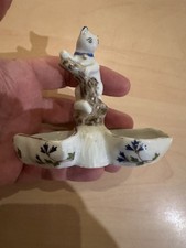 Ancienne Salière Porcelaine Décor Aux Barbeaux Avec Chat Rare Modele