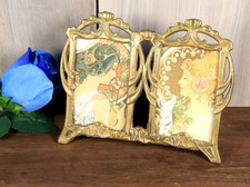 Vintage French Art Nouveau Brass Bronze Picture Frame Double Photo w/ Easel