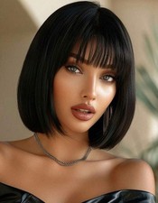 Perruque Femme Synthétique Noire Courte Lisse 30cm +1 Bonnet