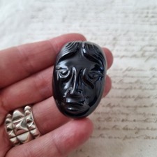 Pendentif Vintage Tête De Femme Verre Noir Bijou D'Artiste 