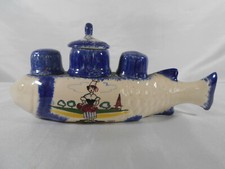SERVICE CONDIMENT SALIÈRE POIVRIÈRE MOUTARDIER " POISSON " FAIENCE GOUT QUIMPER