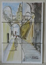 Tableau Vintage Signé * Carreaux de Céramique * Tunisie - Ruelle Animée