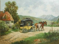 Tableau Diligence Devant Ferme En Montagnes Signé R.karol Munich