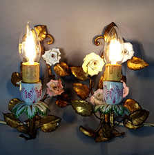 Paire anciennes appliques murale roses porcelaine et métal doré C726 S