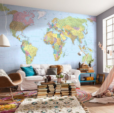 Géant Carte Politique Du Monde Papier Peint Bleu 368x248cm Bureau Chambre