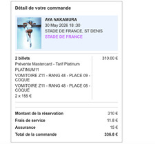 2 places de concert 30 mai 2026 Stade de France AYA NAKAMURA