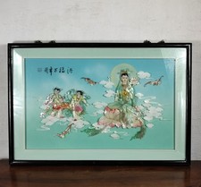 Magnifique tableau chinois multicolore avec cadre noir boite à ombre Divinité en