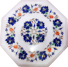 Plateau De Table En Marbre Blanc 12" Inlay Mosaic Marqueterie Oeuvre Florale