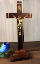 Antique French Rosewood Brass Inlay Standing Altar Cross Crucifix Christ 1950s